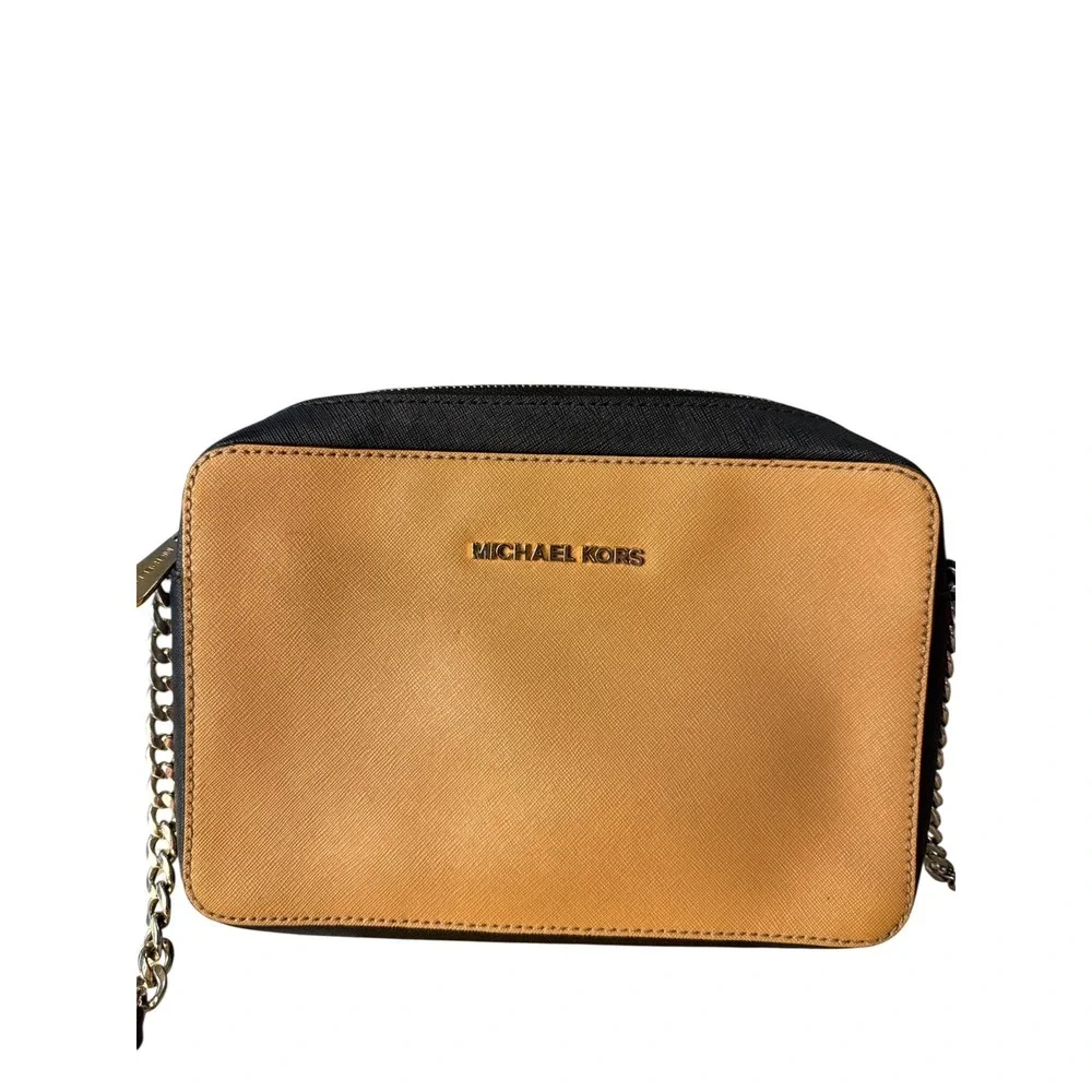 Michael Kors Jet Set Travel Large EW Crossbody Bag Cashew Black Saffiano Leather